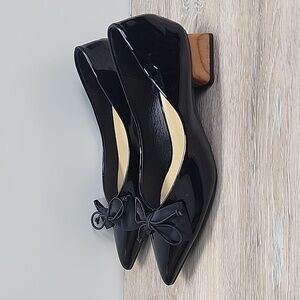 C.Paravano Patent Leather Chic Black Bow Wooden Block Heel Pumps Sz 245/7-7.5 US